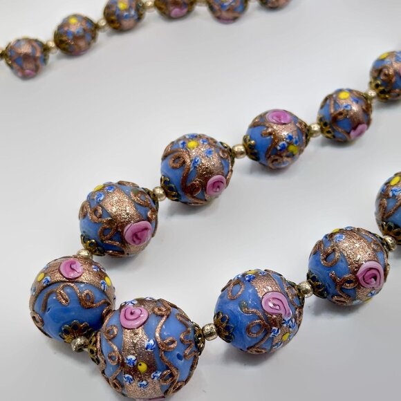 Wedding Cake Beads, Art Deco Necklace, Blue, Venetian, Italian Glass, 20s, 30s - Picture 3 of 4
